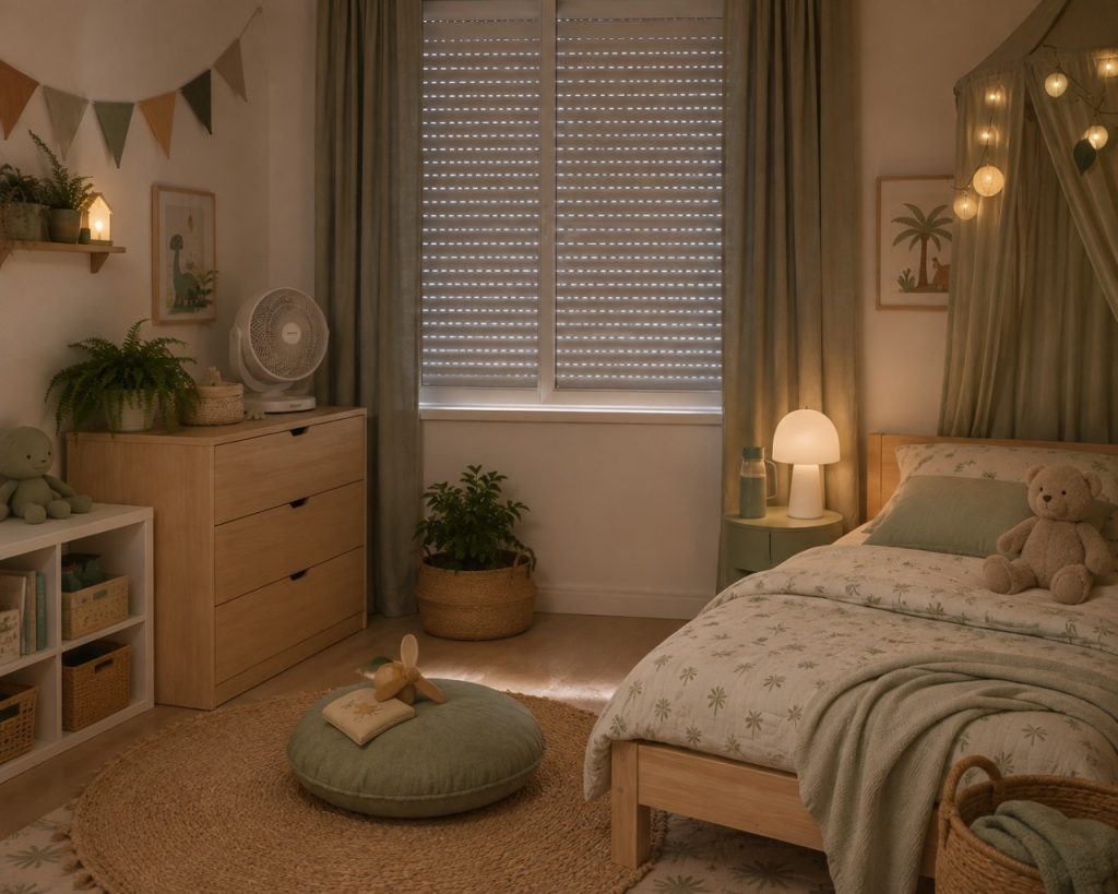 Chambre d'enfant en été, volets fermés